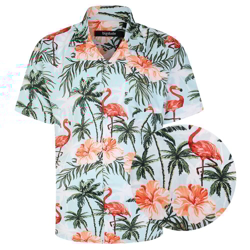 Bigdude Relaxed Collar Flamingo Print Short Sleeve Shirt Light Blue